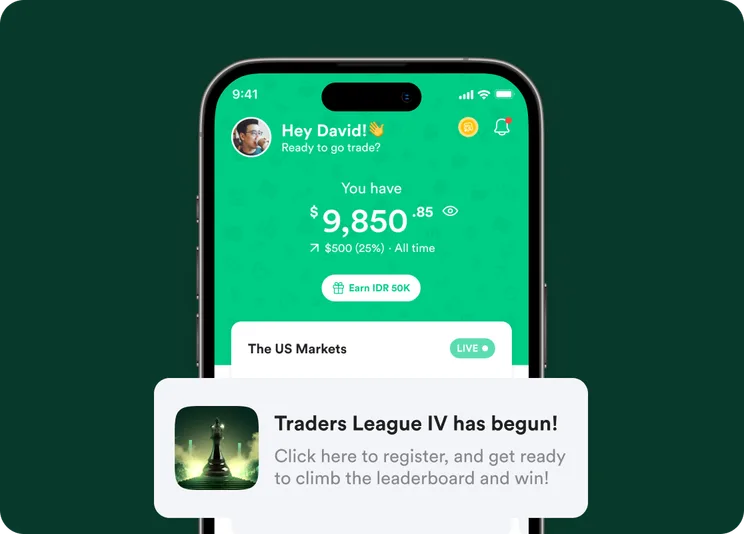 Layar utama aplikasi Gotrade dengan banner Traders League IV